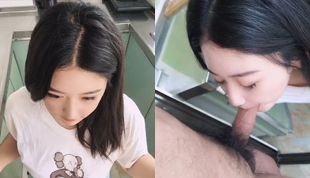 在厨房做饭做一半可爱女友来吃鸡