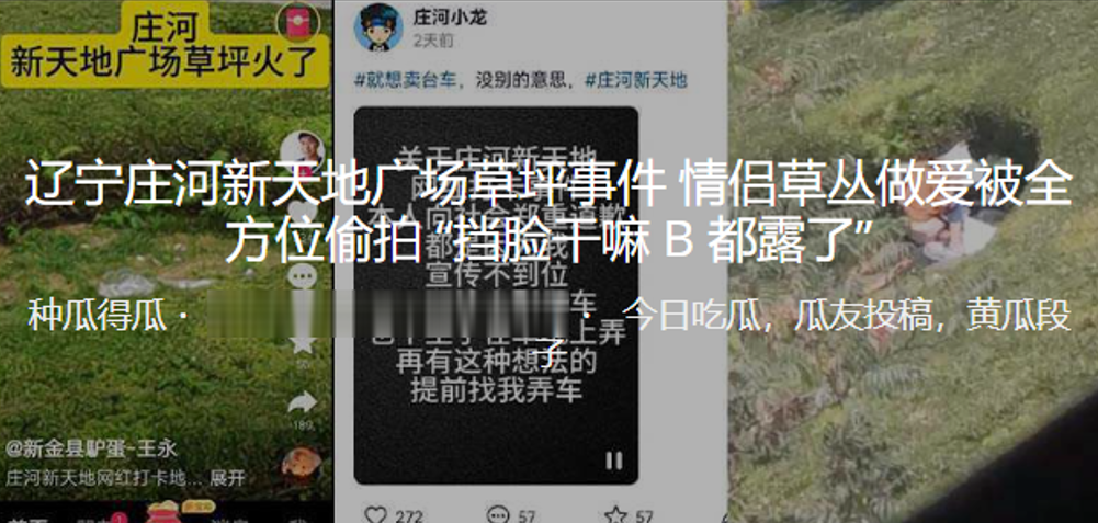 辽宁庄河新天地广场草坪事件情侣草丛做爱被全方位偷拍.挡脸干嘛B都露了